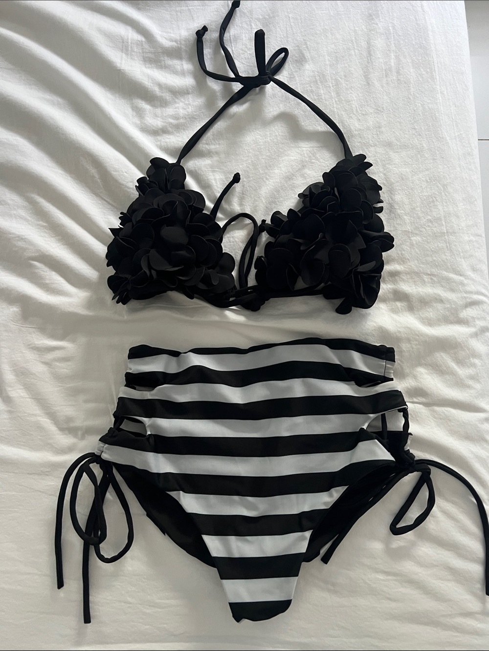 Floral Appliqué Halter Bikini Top with High-Waist Striped Bottoms - Black